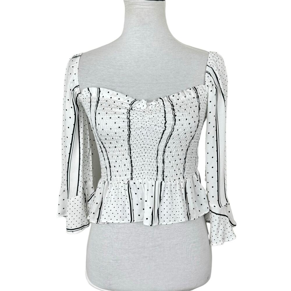 Olivaceous NWT White & Black Stripes Polka Dot Smocked Flare Sleeve Crop Top